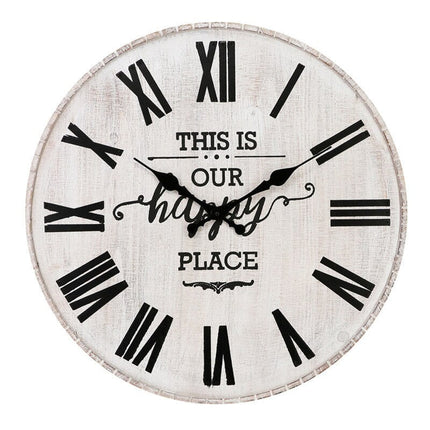 Rustiikkinen puinen seinäkello tekstillä