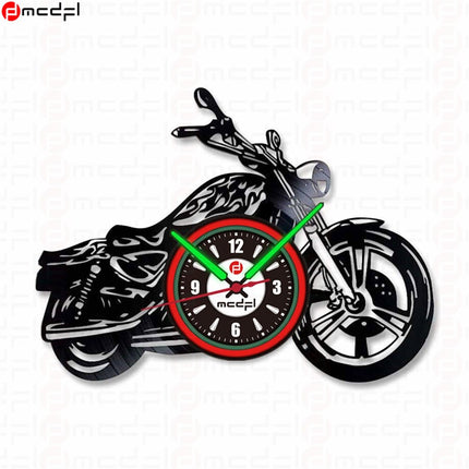 Moottoripyörä vinyylilevy seinäkello punavihreä