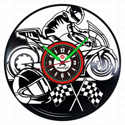 Moottoripyörä vinyylilevy seinäkello punavihreä