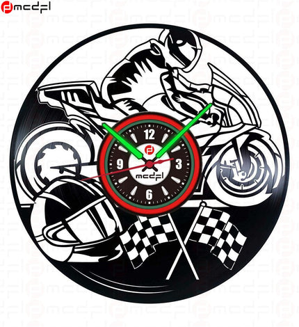 Moottoripyörä vinyylilevy seinäkello punavihreä
