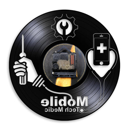 Puhelinhuolto-aiheinen vinyylilevy seinäkello