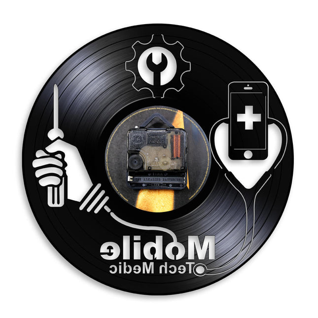 Puhelinhuolto-aiheinen vinyylilevy seinäkello