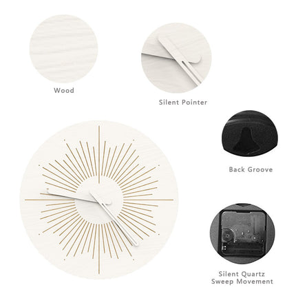 Moderni puinen seinäkello aurinkokuviolla