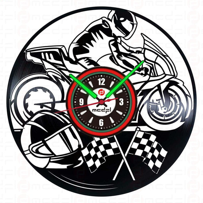 Moottoripyörä vinyylilevy seinäkello punavihreä