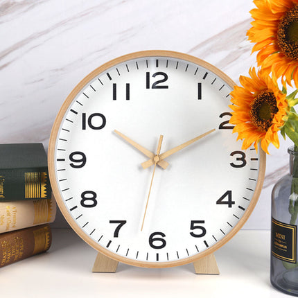 Minimalistinen pyöreä pöytäkello puukehyksellä