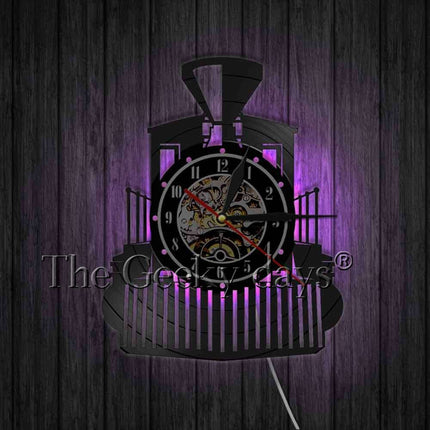 Höyryveturi-aiheinen vinyylilevy seinäkello