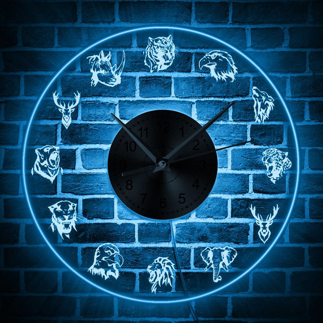 Pyöreä LED-seinäkello villieläinten kuvilla