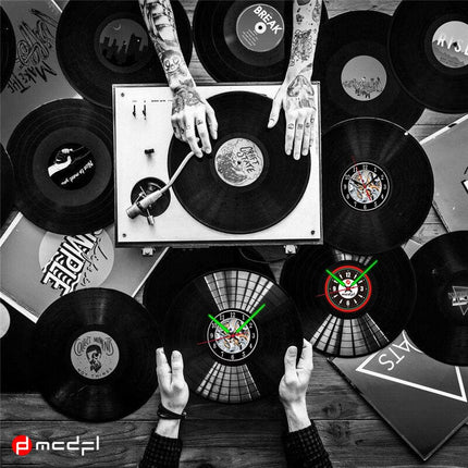 Moottoripyörä vinyylilevy seinäkello punavihreä