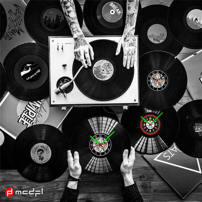 Moottoripyörä vinyylilevy seinäkello punavihreä