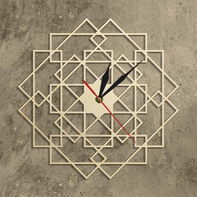 Geometrinen puinen seinäkello mandalakuviolla
