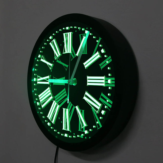 Musta LED-seinäkello roomalaisilla numeroilla