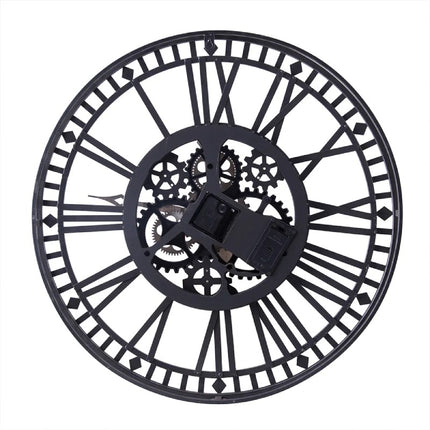 Teollinen seinäkello näkyvillä mekanismeilla