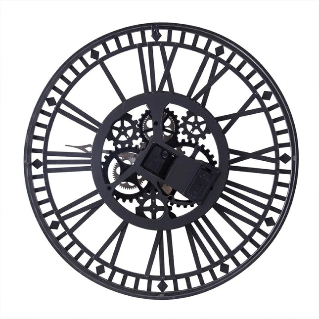 Teollinen seinäkello näkyvillä mekanismeilla