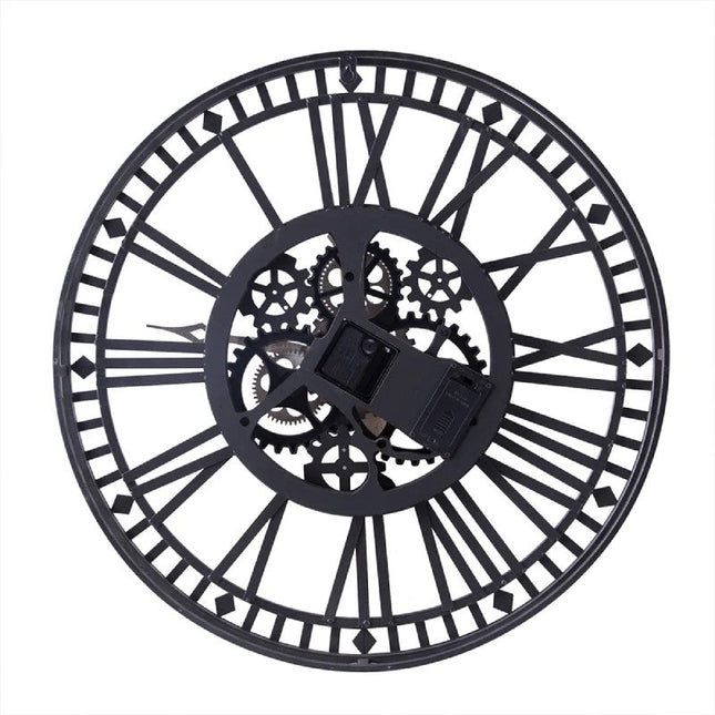 Teollinen seinäkello näkyvillä mekanismeilla