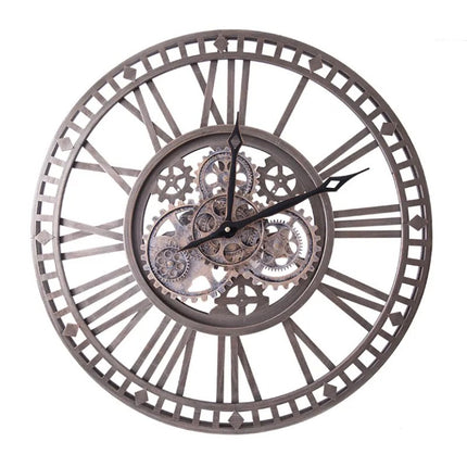 Teollinen seinäkello näkyvillä mekanismeilla
