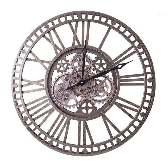 Teollinen seinäkello näkyvillä mekanismeilla