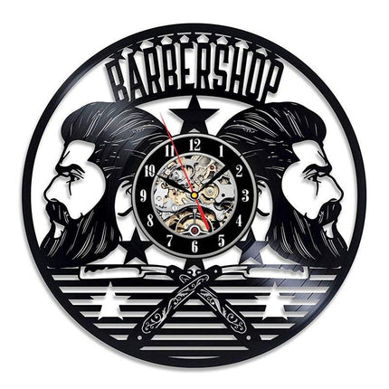 Parturi-aiheinen vinyylilevy seinäkello miehelle