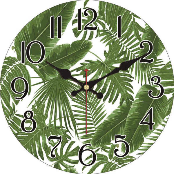 Trooppinen seinäkello vihreillä lehtikuvioilla