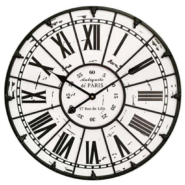 Valkoinen antiikkityylinen seinäkello metallikehyksellä